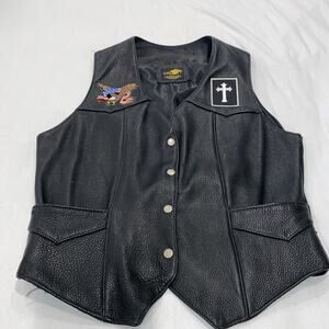 TRD Leathers Black Leather Vest with Eagle and Cross Patches USA